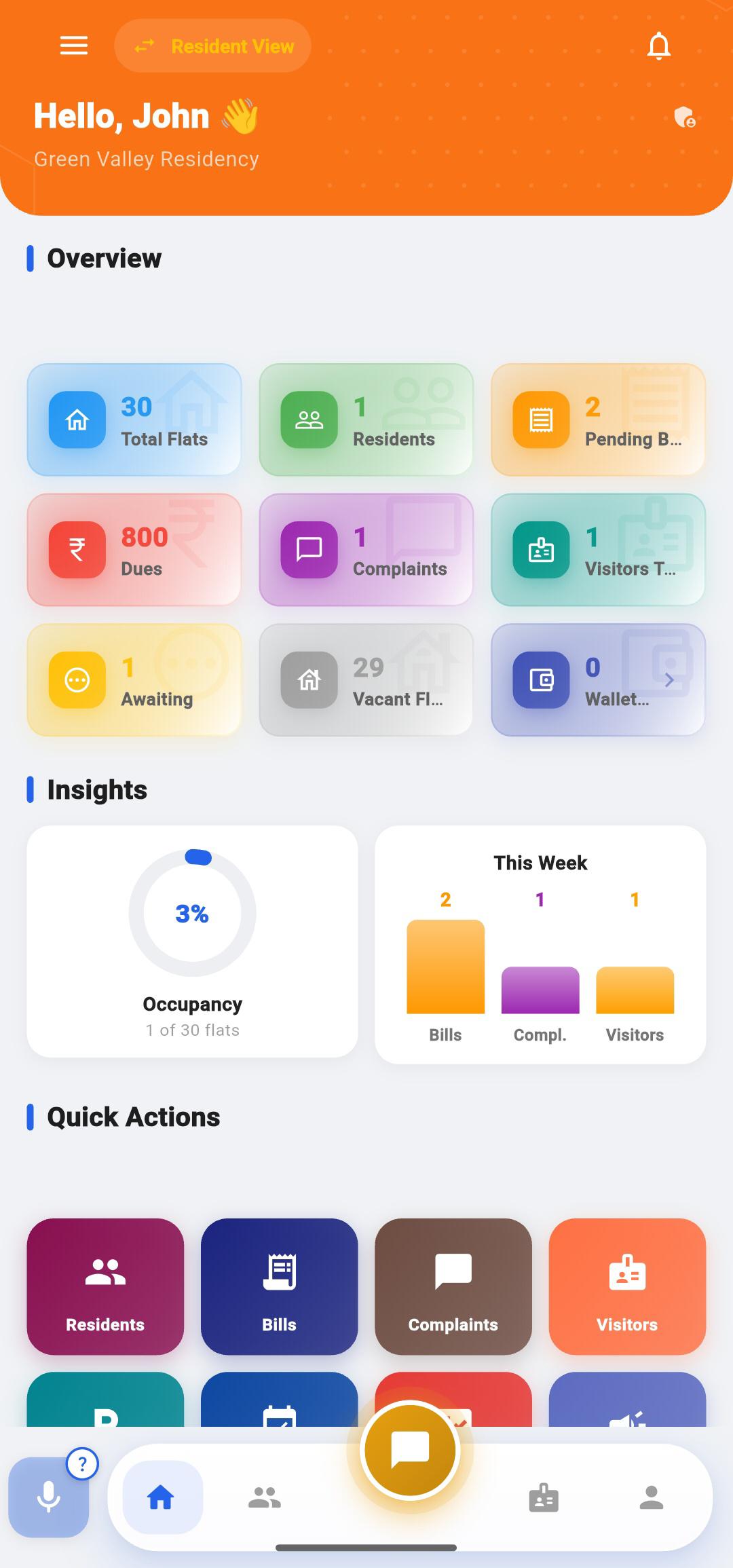 AMS Resident mobile app apartment admin dashboard