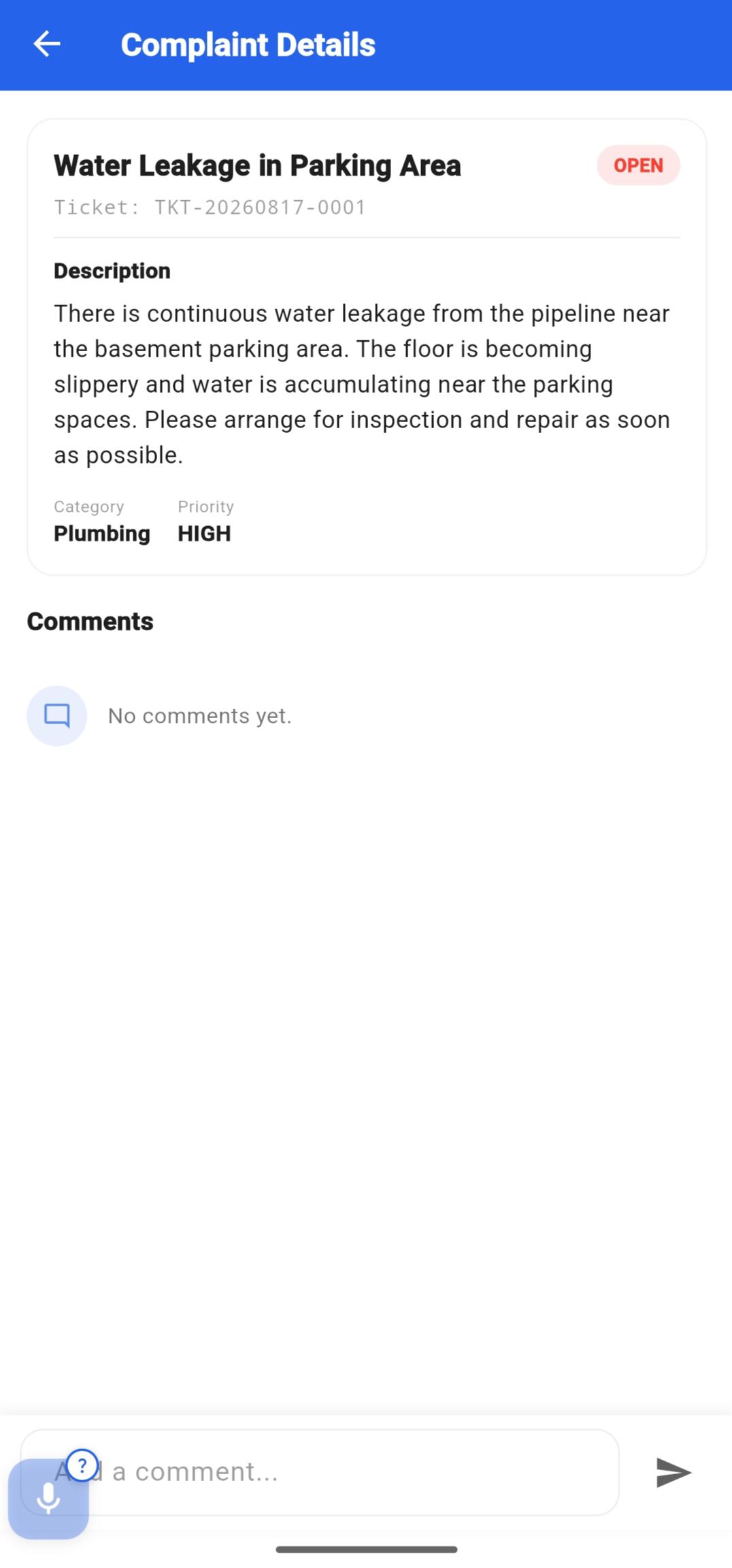 Complaint details screen
