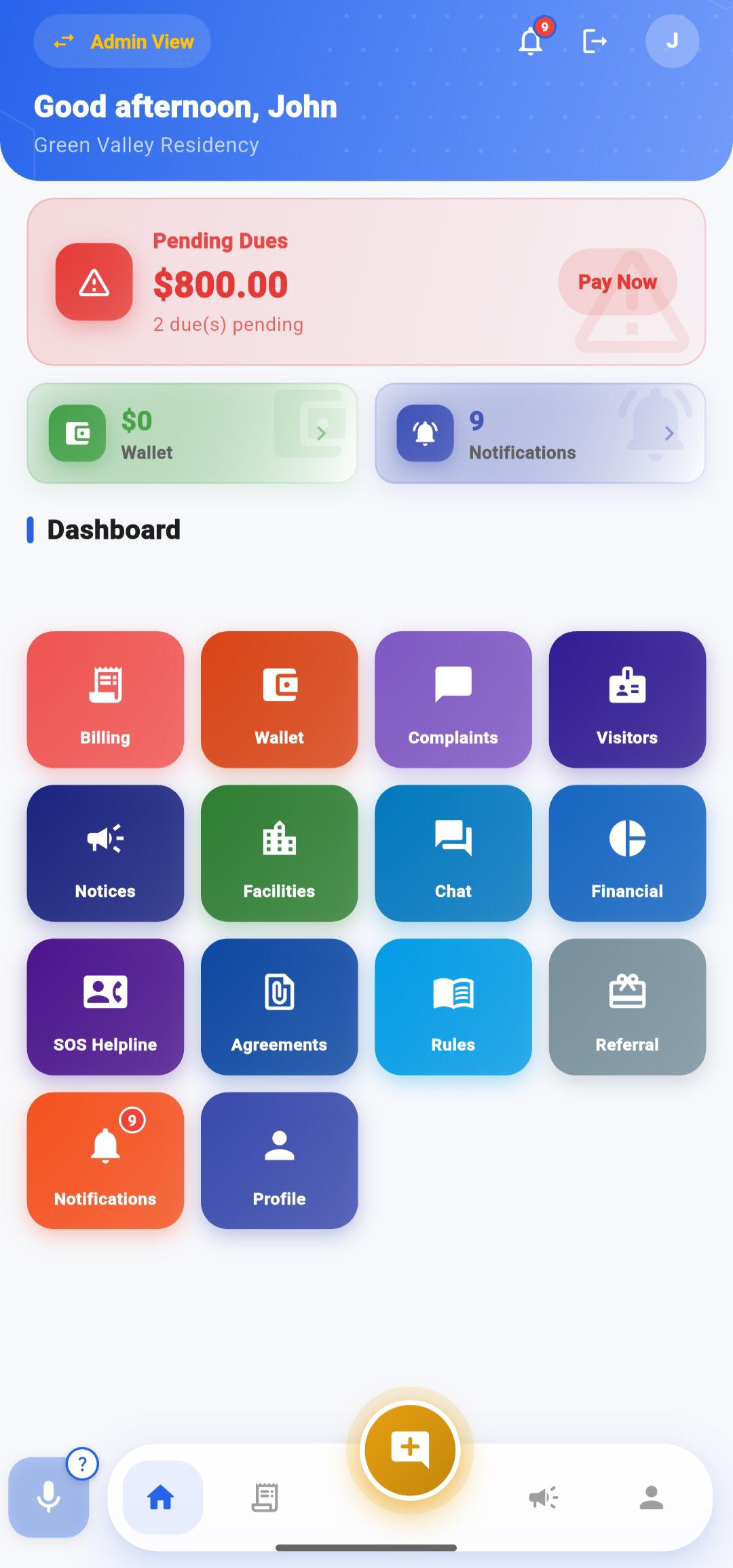 Resident dashboard screen